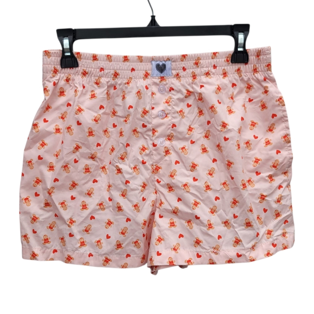 NWT Happily Grey Pink Gingerbread Men & Hearts Patterned Holiday Boxer Shorts